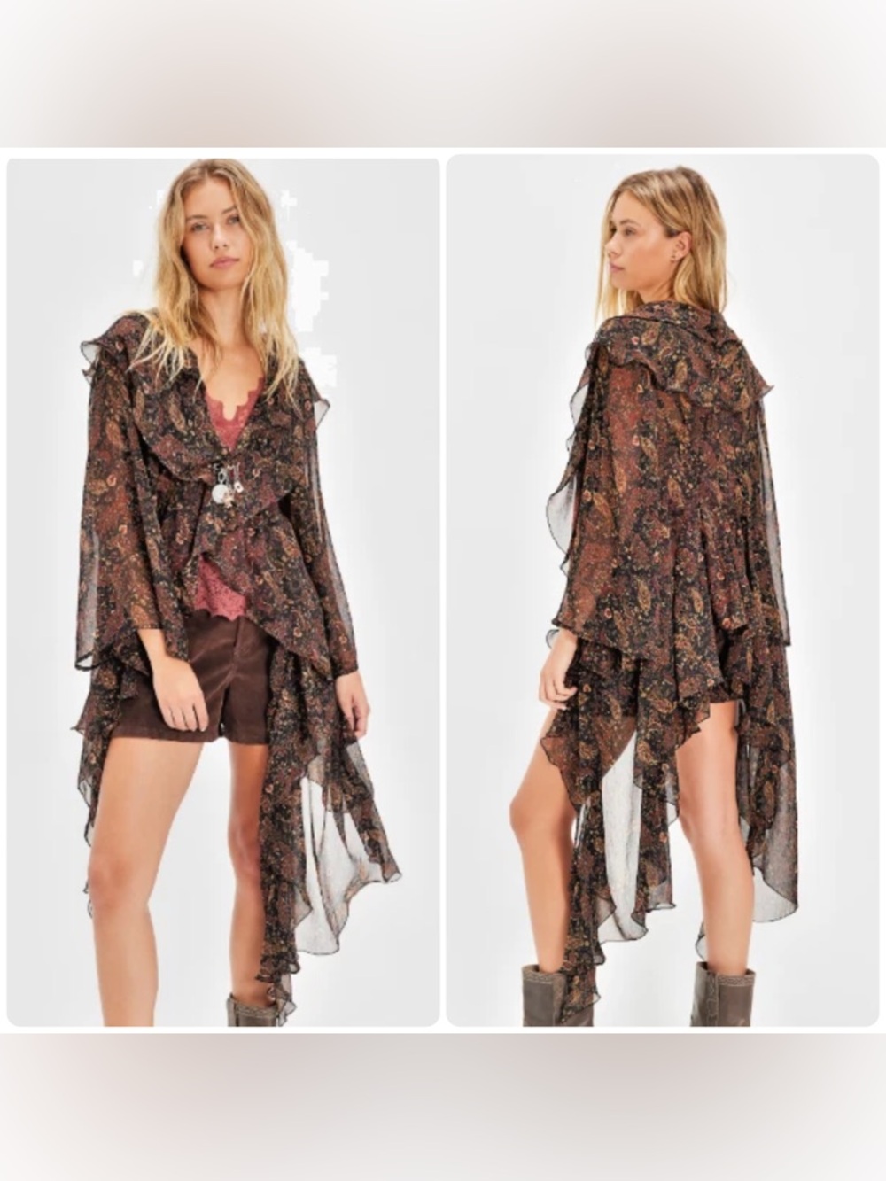 NEW Size XS/S Free People High Low Printed Ruffle Chiffon Duster Cardigan